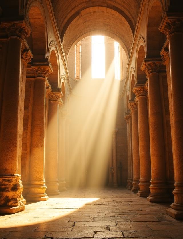 Antica veduta di una basilica romana con luce divina che filtra tra le nuvole